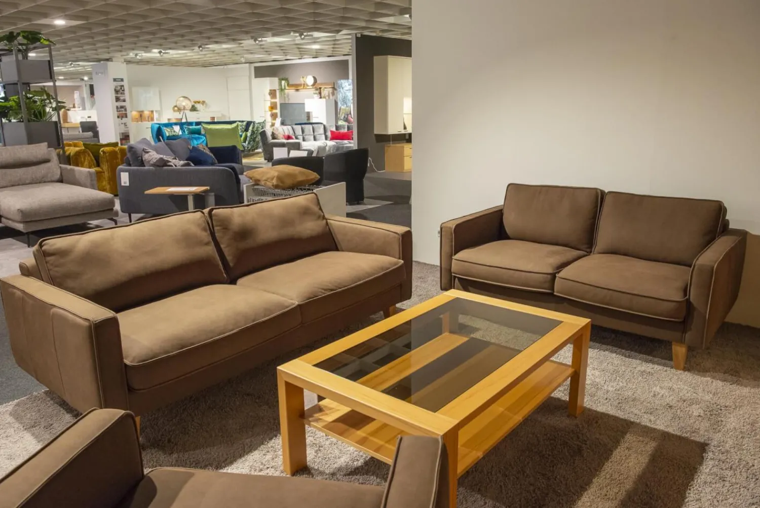 DFM Polstergruppen|Polstergruppe Elian 3er-Set Leder W11 Farbe Chocolate Füße Eiche Geölt