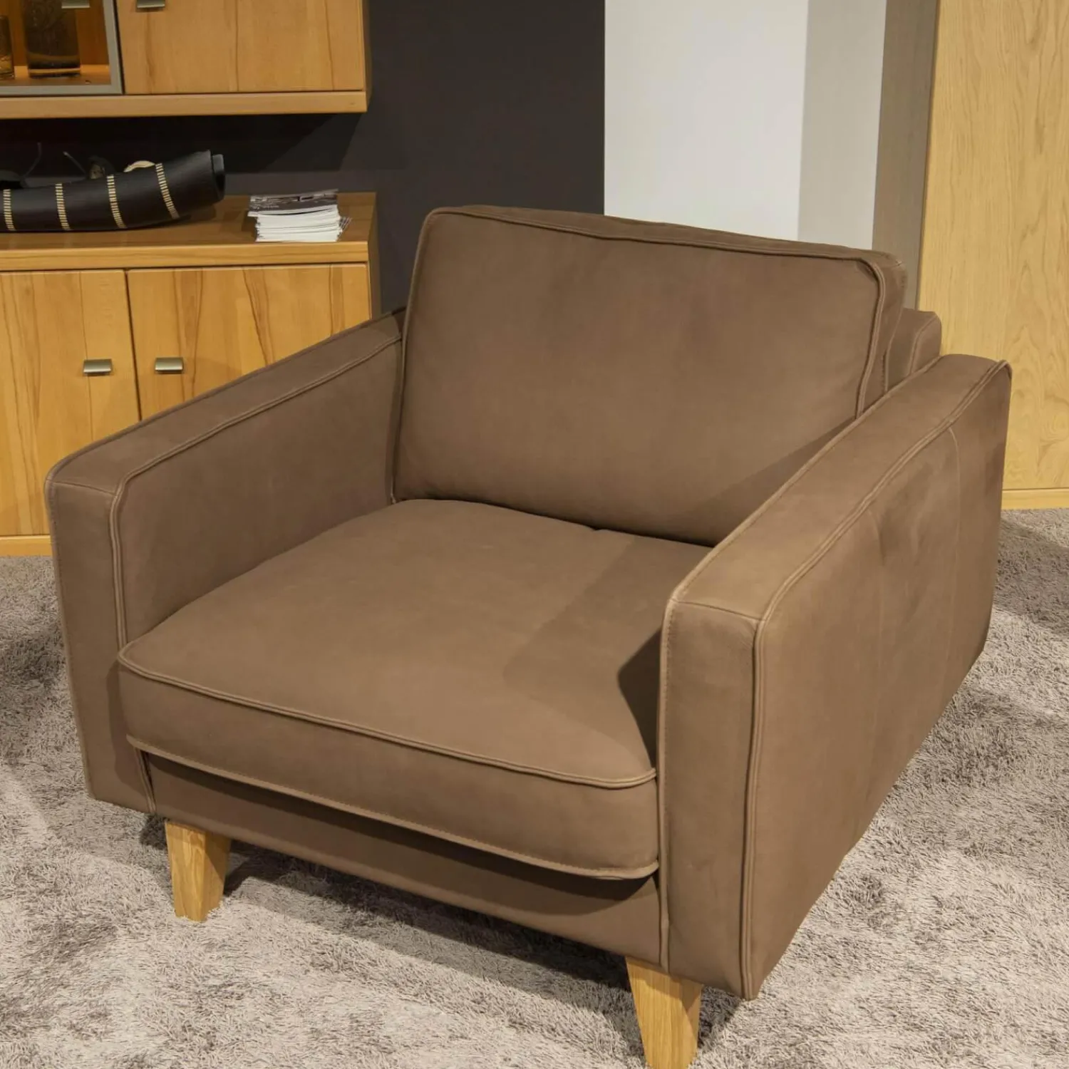 DFM Polstergruppen|Polstergruppe Elian 3er-Set Leder W11 Farbe Chocolate Füße Eiche Geölt