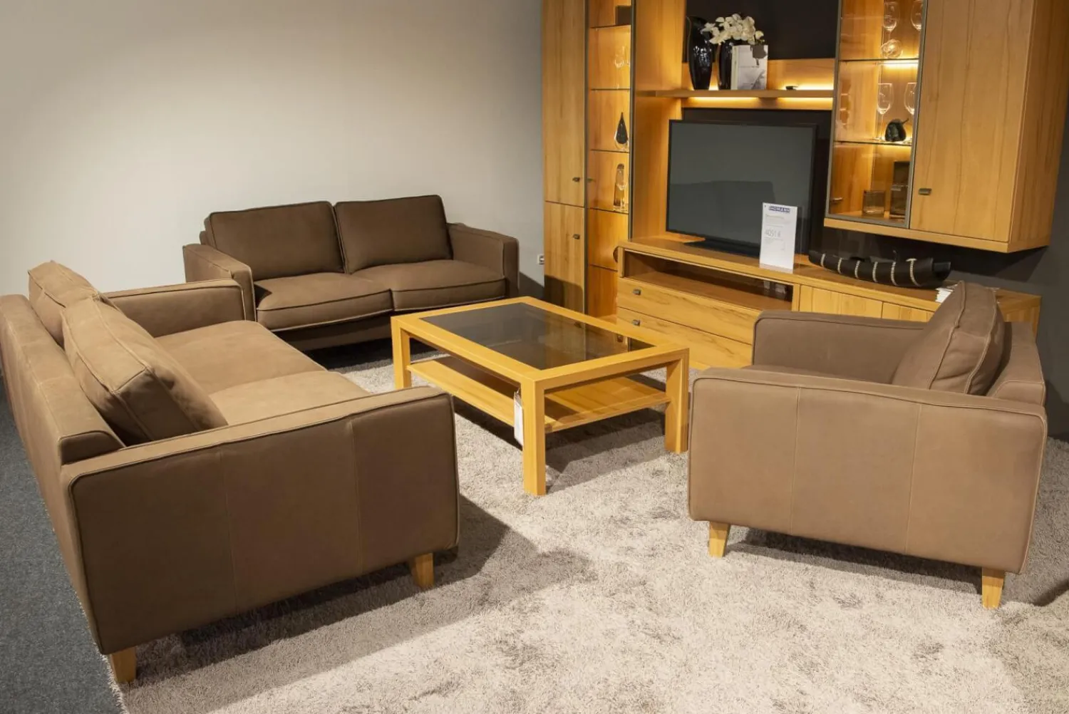 DFM Polstergruppen|Polstergruppe Elian 3er-Set Leder W11 Farbe Chocolate Füße Eiche Geölt