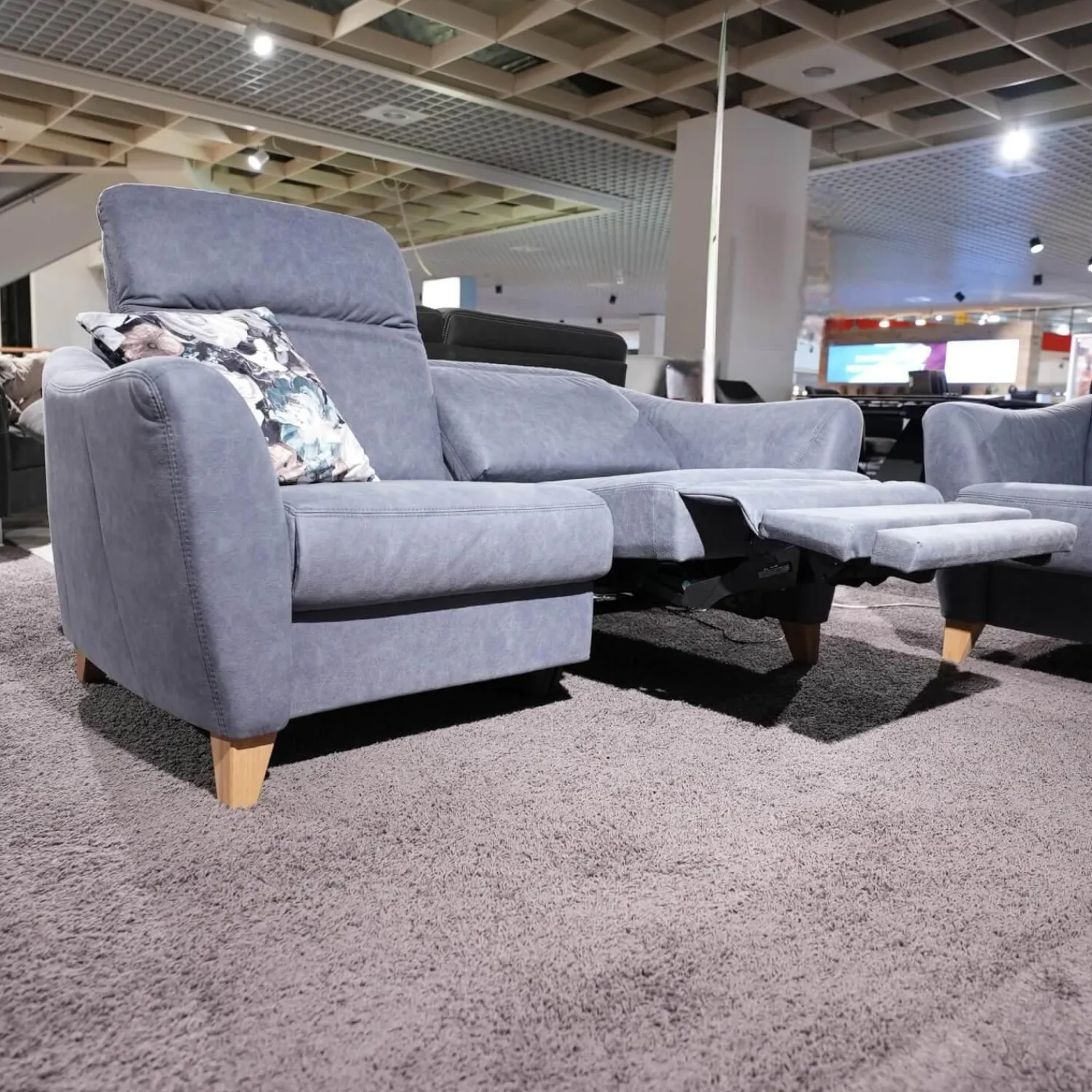 Ponsel Polstergruppen|Polstergruppe Prato Leder 877 02 Grau Blau Fuß F912 Eiche Bianco Inklusive Kissen