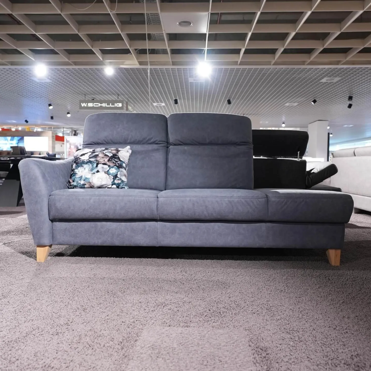 Ponsel Polstergruppen|Polstergruppe Prato Leder 877 02 Grau Blau Fuß F912 Eiche Bianco Inklusive Kissen