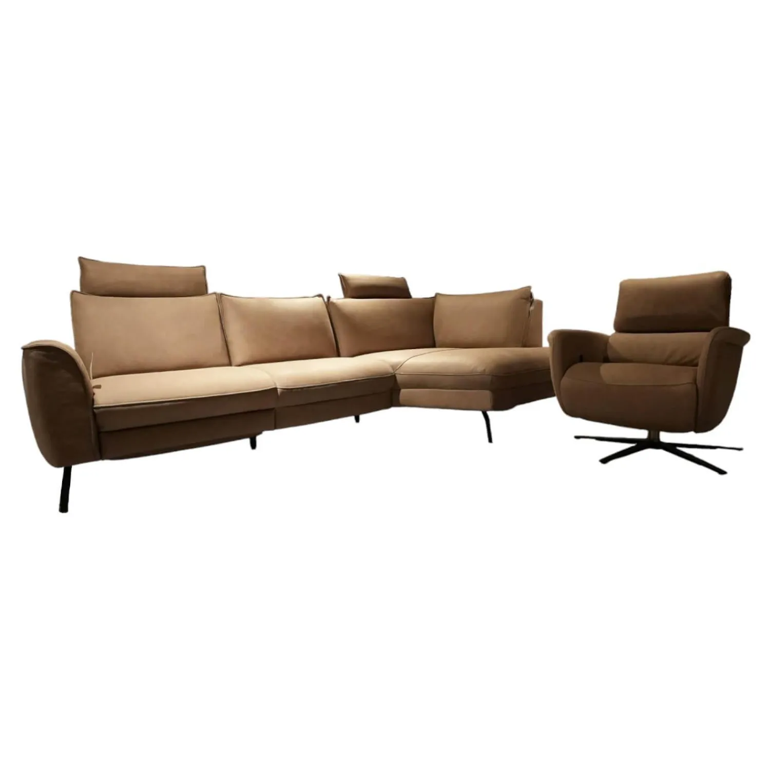 Hukla Polstergruppen|Polstergruppe VS HU1169 Sofa Leder Aurelia Stone Braun Füße Metall Schwarz Mit Sessel Sternfuß Schwarz Und Kissen