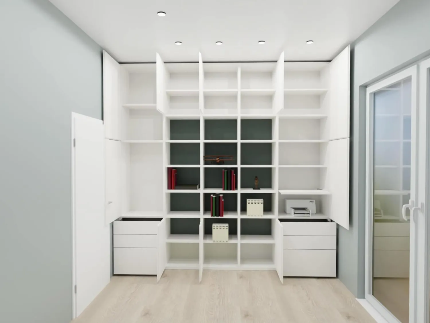 Interlübke Regale|Reaglwand Studimo Lack Schneeweiß M03 Rückwände In Offenen Bereichen Lack Laguna M80 Grau