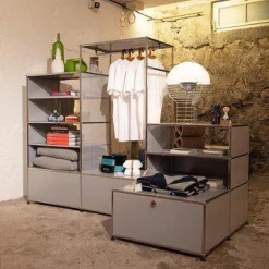 USM Haller Regale & Container|Regal Metall Mattsilber Grau Mit Integrierter Garderobe Und LED Licht