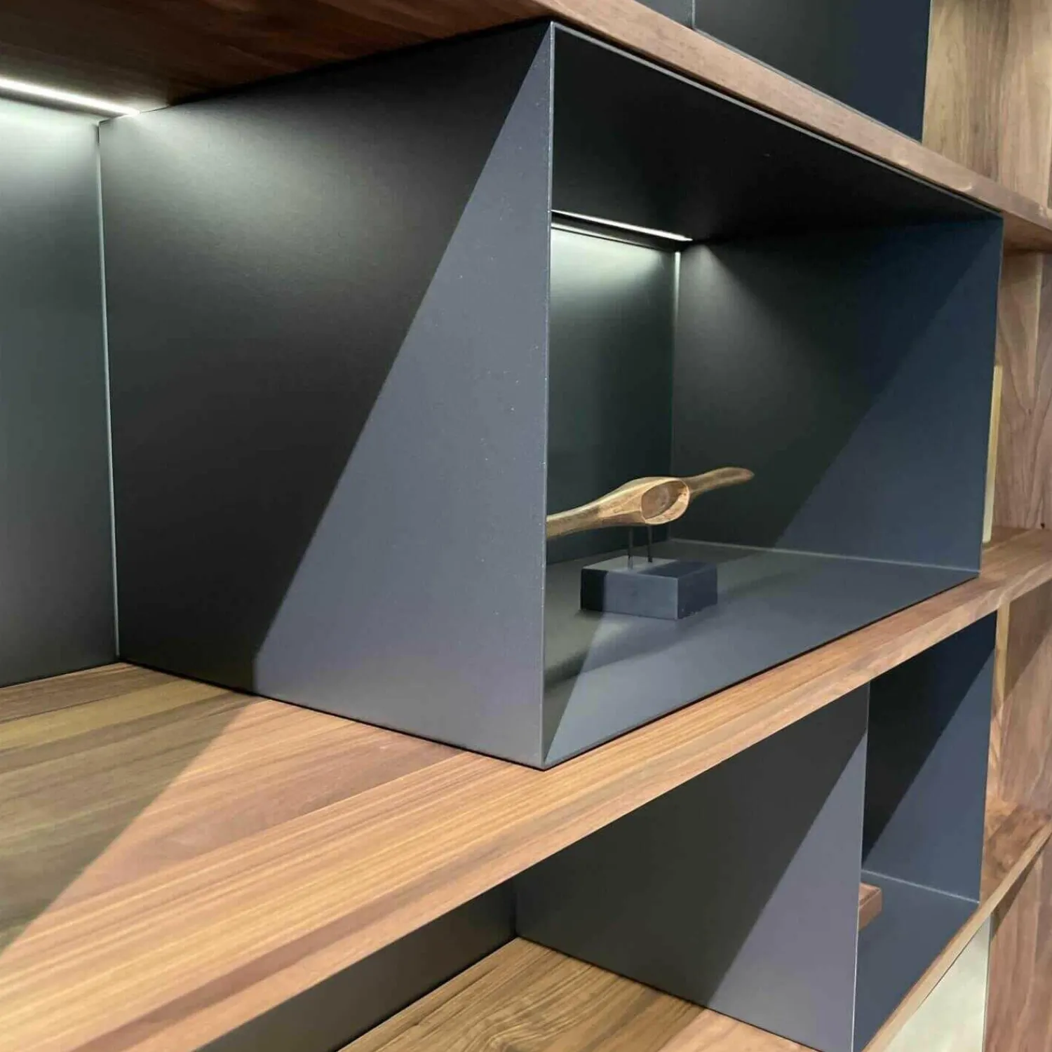 Rodam Regale|Regalkombination Pares in Nussbaum 130 Rückwand Glas deepgrex Metallboxen anthr. inkl Beleuchtung