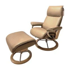 Stressless Relaxsessel|Relaxsessel Aura S Leder Cori Mole Beige Gestell Signature Metall Chrom Holz Eiche Mit BalanceAdapt Inklusive Hocker