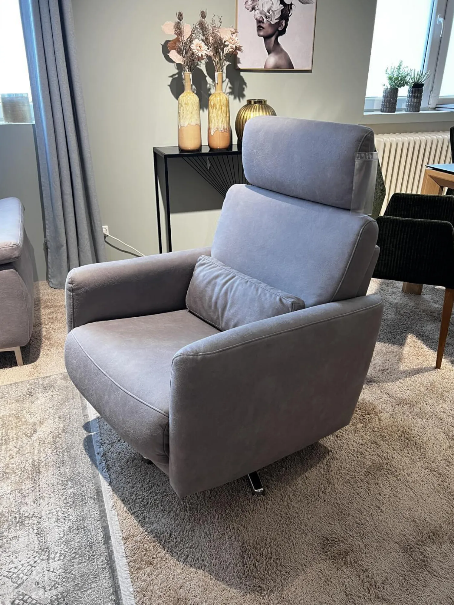 Global Relaxsessel|Relaxsessel Cornella Style Stoff Bulus FB32 Silber Grau Sternfuß Metall Chrom Glänzend Inklusive Kopfstütze