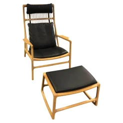 Gazzda Relaxsessel|Relaxsessel Dedo Eiche Massiv Weiß Geölt Leder Dakar Schwarz mit Fußbank