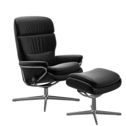 Stressless Relaxsessel|Relaxsessel Rome M Leder Paloma Black Schwarz Base Cross Chrom Glänzend Mit Verstellbarer Kopfstütze Inklusive Hocker