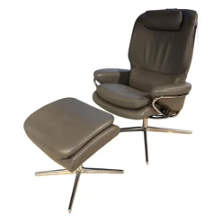 Stressless Relaxsessel|Relaxsessel Rome Mit Hohem Rücken Leder Cori Grey GrauGestell Cross Aluminium Chrom Inklusive Hocker