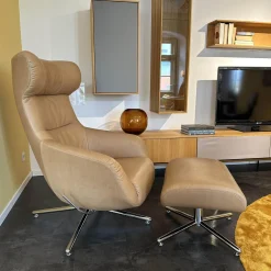 Brühl Relaxsessel|Relaxsessel Victor Bezug Leder 5669 45 Lama Beige Drehgestell Kreuzfuß Verchromt Inklusive Hocker