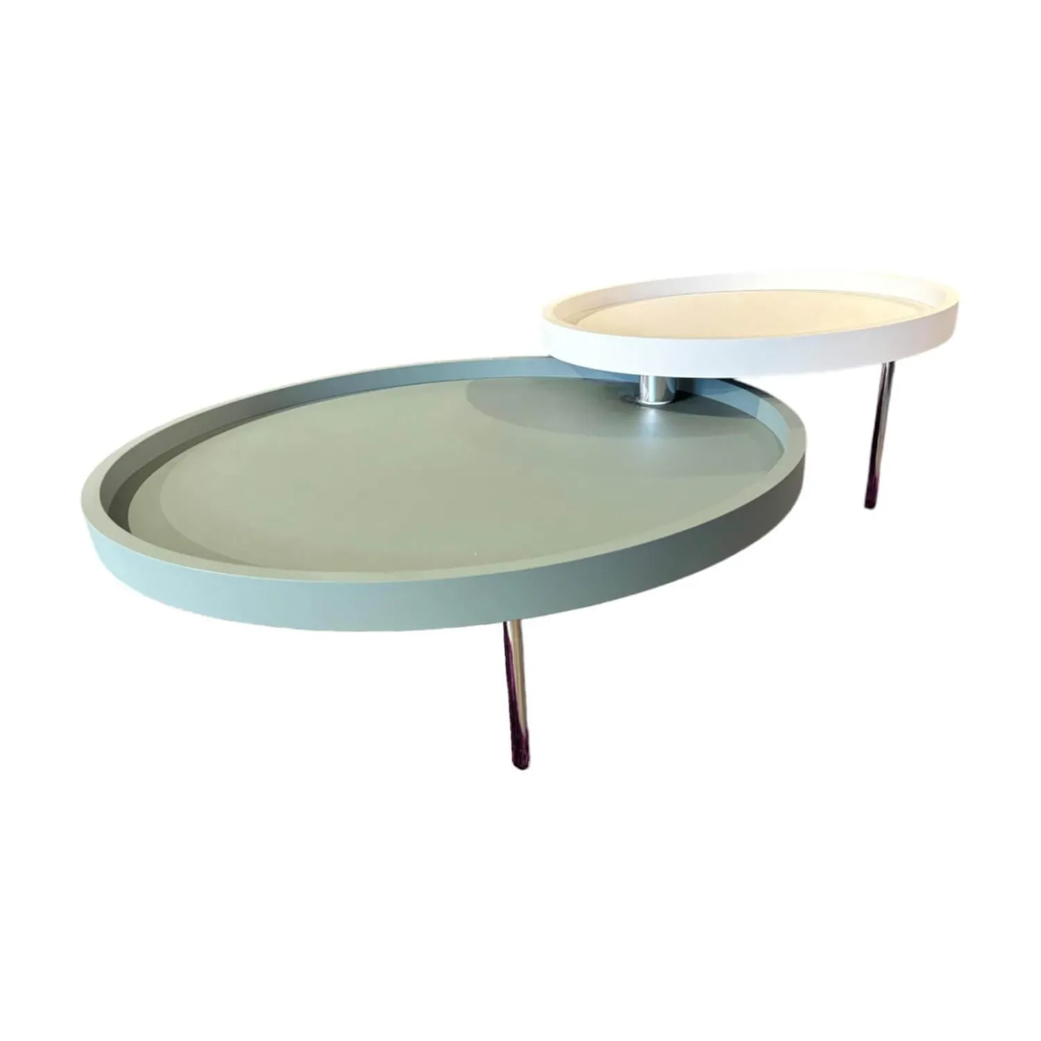 Ronald Schmitt Design Couchtische|2-Satztisch H 630 Luna Platten MDF Softlack Graugrün Und Creme Füße Hochglanz Verchromt