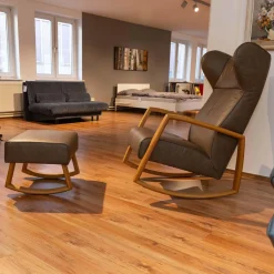 Franz Fertig Relaxsessel|Schaukelsessel Dondolo Mit Hocker Leder Pisa 1224 Grigio Eiche Natur Geölt