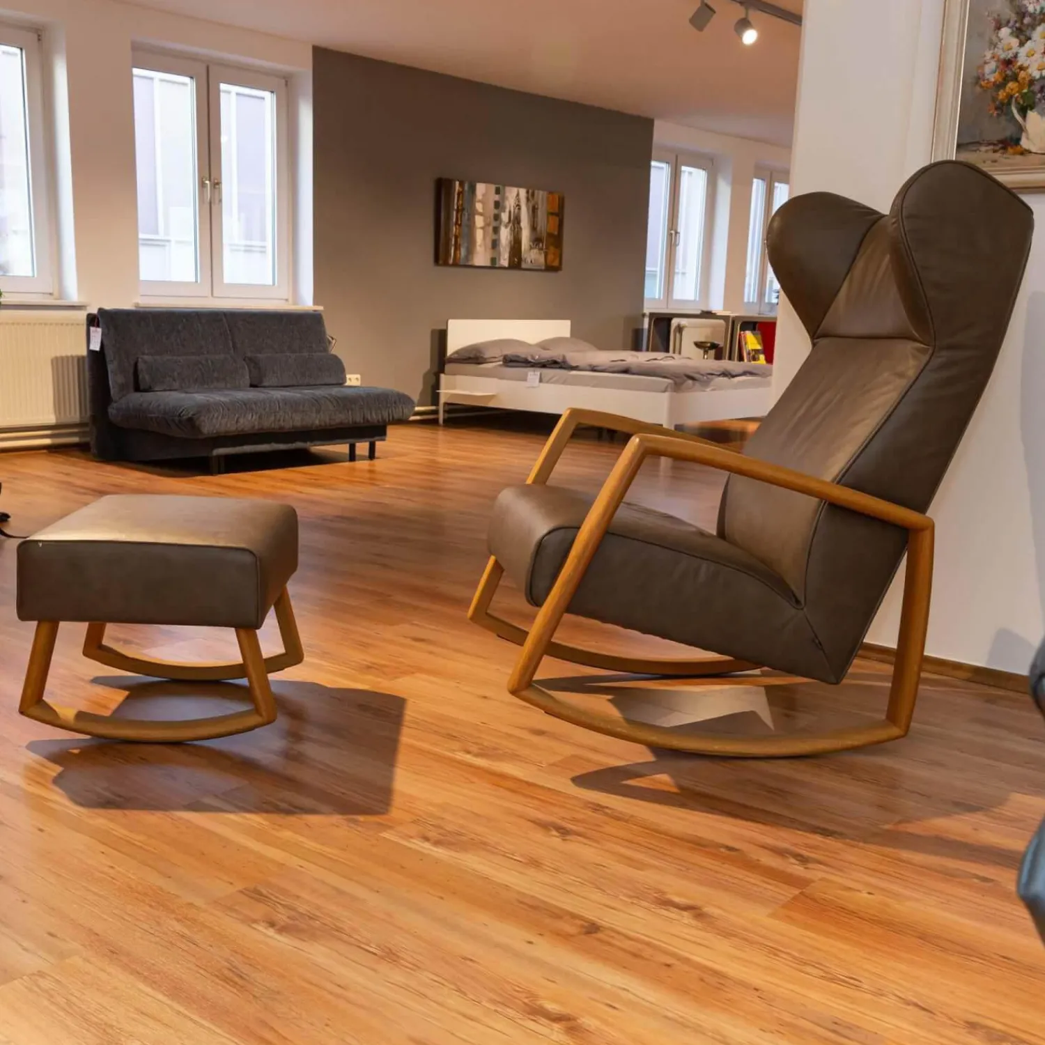 Franz Fertig Relaxsessel|Schaukelsessel Dondolo Mit Hocker Leder Pisa 1224 Grigio Eiche Natur Geölt