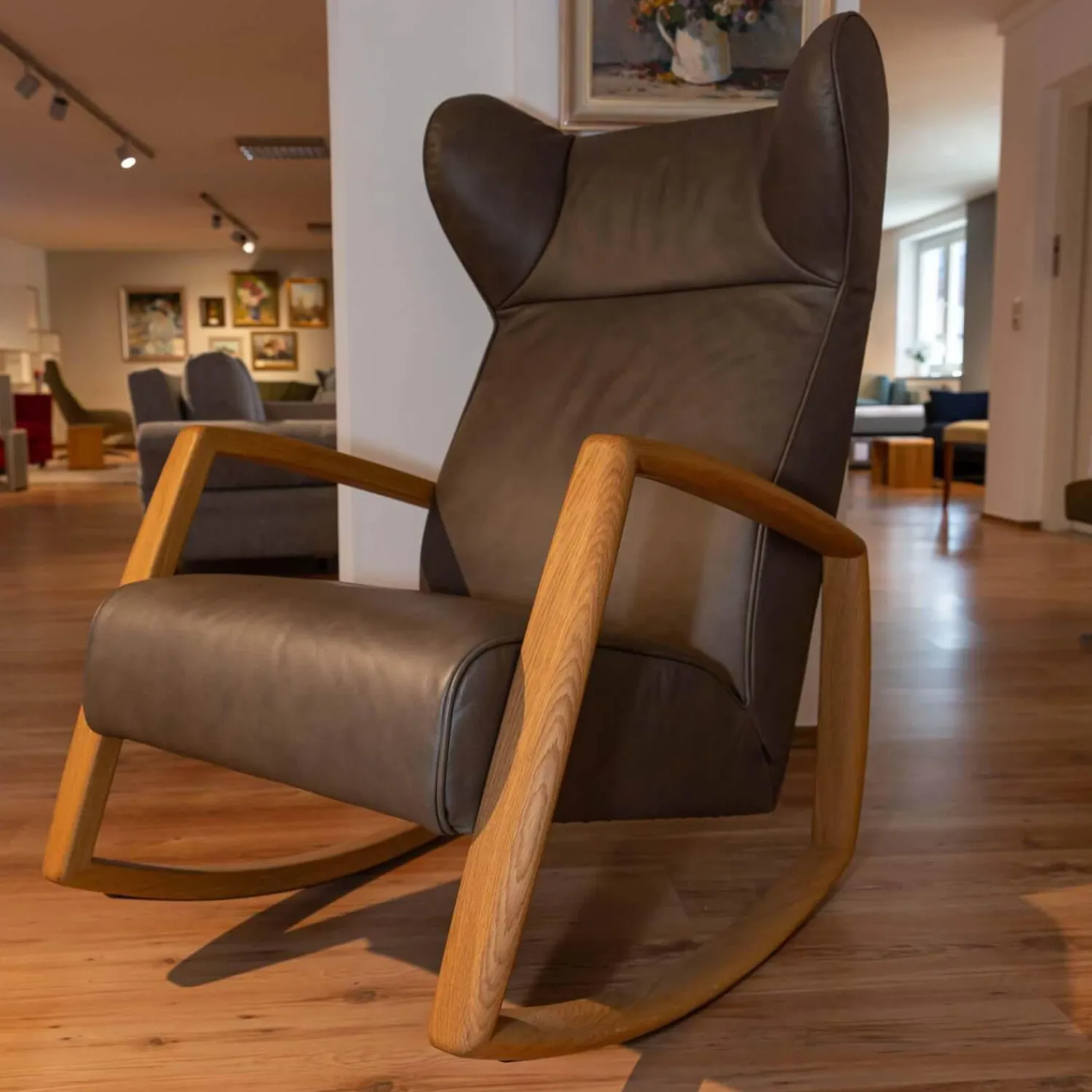 Franz Fertig Relaxsessel|Schaukelsessel Dondolo Mit Hocker Leder Pisa 1224 Grigio Eiche Natur Geölt