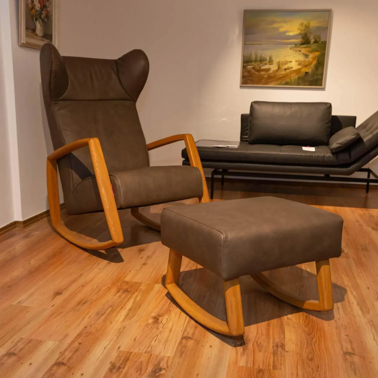 Franz Fertig Relaxsessel|Schaukelsessel Dondolo Mit Hocker Leder Pisa 1224 Grigio Eiche Natur Geölt