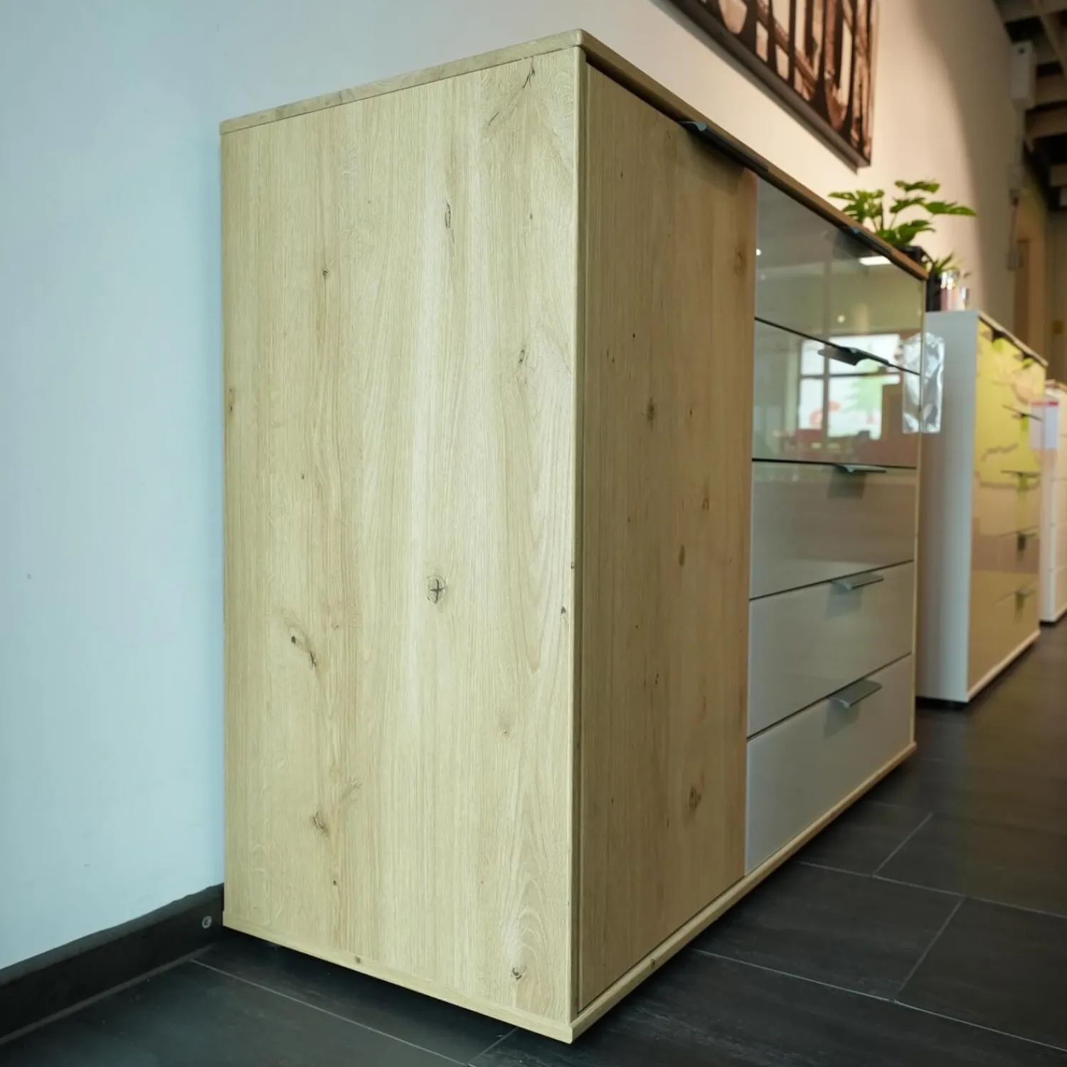 Wiemann Ganze Schlafzimmer|Schlafzimmer Modena Plus Eiche Bianco Glas Leder Champagner Inklusive LED Flexleuchten Bett Ohne Matratze Ohne Lattenrost