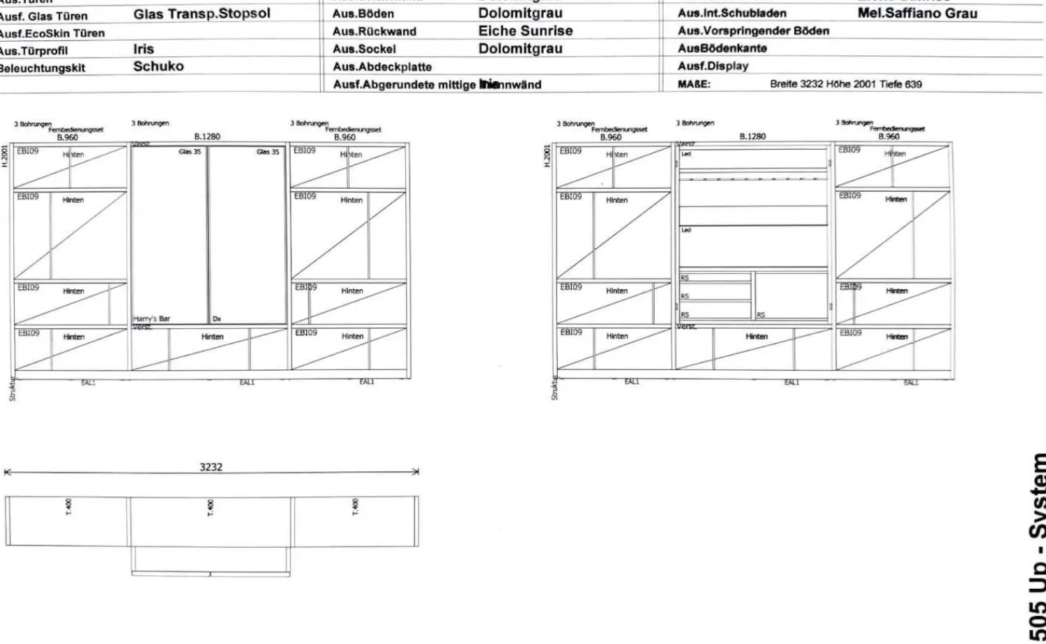 Molteni & C Wohnwände & Tv-Lowboards|Schrank Systemwand 505 Up System Holz Dolomitgrau Glas Transparent Stopsol mit Beleuchtungskit Schuko