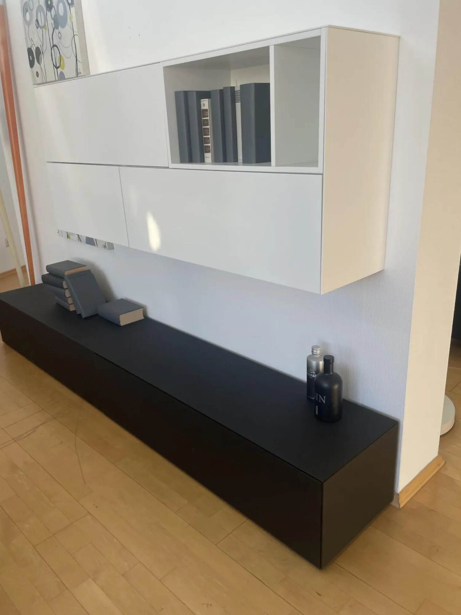 ArtigianMobili Wohnwände & Tv-Lowboards|Schrankkombination Titolo Hängeelement Lack Weiß Bodenelement Glas Schwarz