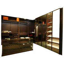 Porro Kleiderschränke|Schranksystem Storage Holzoberfläche Eucalyptus Fronten Rauchglas Struktur Messing Brunito R16