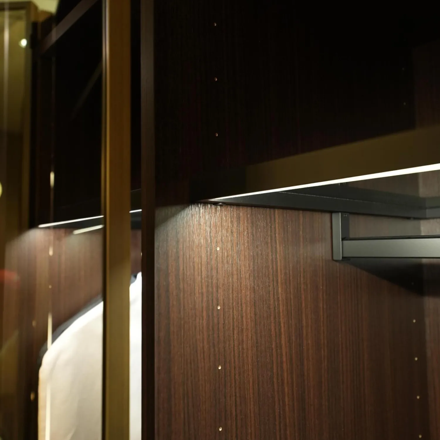 Porro Kleiderschränke|Schranksystem Storage Holzoberfläche Eucalyptus Fronten Rauchglas Struktur Messing Brunito R16