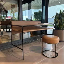 B&B Italia Schreibtische & Sekretäre|Schreibtisch Quiet Lines Platte Rauchglas Und Leder Kasia 330 Nussbaum Braun Gestell Schwarz Verchromt Mit Hocker