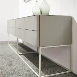 Kettnaker Konsolen|Schubkastenschrank Mio Korpus Lack Matt Asphalt Fronten Und Abdeckplatte Glas Matt Asphalt Gittergestell Steingrau