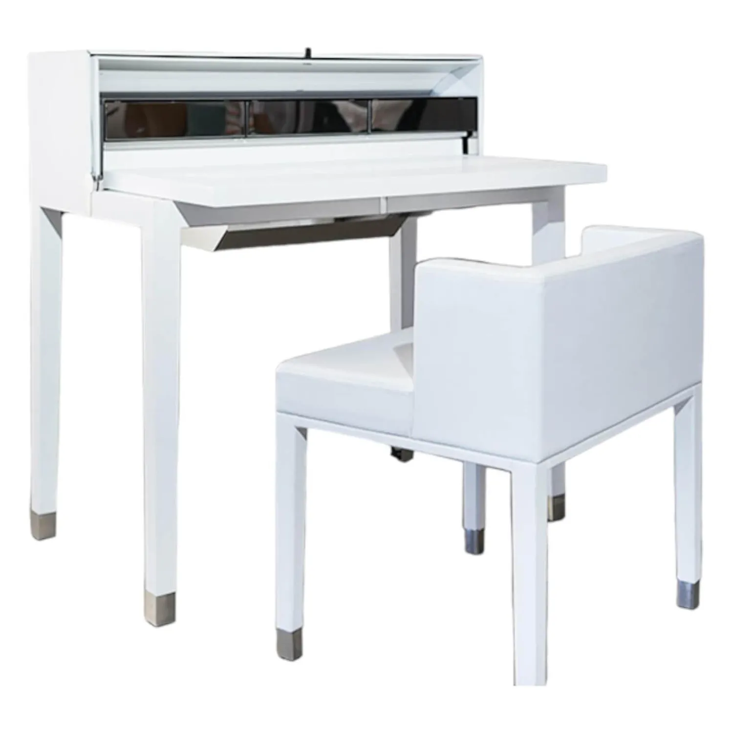 YOMEI Schreibtische & Sekretäre|Sekretär Miss Moneypenny Edelstahl Poliert Bezug Leder Weiß Mit Hocker Und Beleuchtung