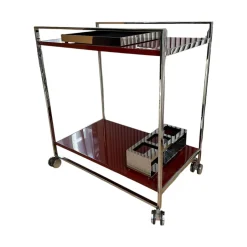 YOMEI Beistelltische|Servierwagen Flat Oberfläche Lack Oxidrot Rot Hochglanz Rahmen Edelstahl Poliert Inklusive Tablett Und Flaschenhalter