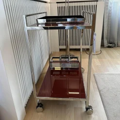 YOMEI Beistelltische|Servierwagen Flat Oberfläche Lack Oxidrot Rot Hochglanz Rahmen Edelstahl Poliert Inklusive Tablett Und Flaschenhalter