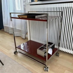 YOMEI Beistelltische|Servierwagen Flat Oberfläche Lack Oxidrot Rot Hochglanz Rahmen Edelstahl Poliert Inklusive Tablett Und Flaschenhalter