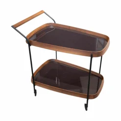 Porada Konsolen|Servierwagen Jet 1 Nussbaum Canaletta Platten Lack Cioccolato Lucido Braun Gestell Metall Schwarz Mit Rollen