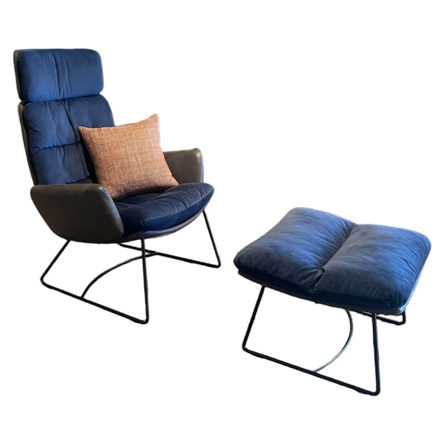 KFF Loungesessel|Sessel Arva Lounge Stoff Seven Navy 49 Blau Rücken Leder mit Ottoman