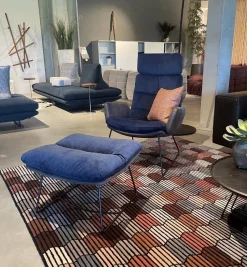 KFF Loungesessel|Sessel Arva Lounge Stoff Seven Navy 49 Blau Rücken Leder mit Ottoman