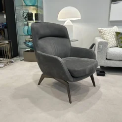 Minotti Loungesessel|Sessel Belt Bergere Leder Pelle Nabuk 29 Ghisa Grau Gestell Aluminium Glänzend Lackiert Brandy Grau