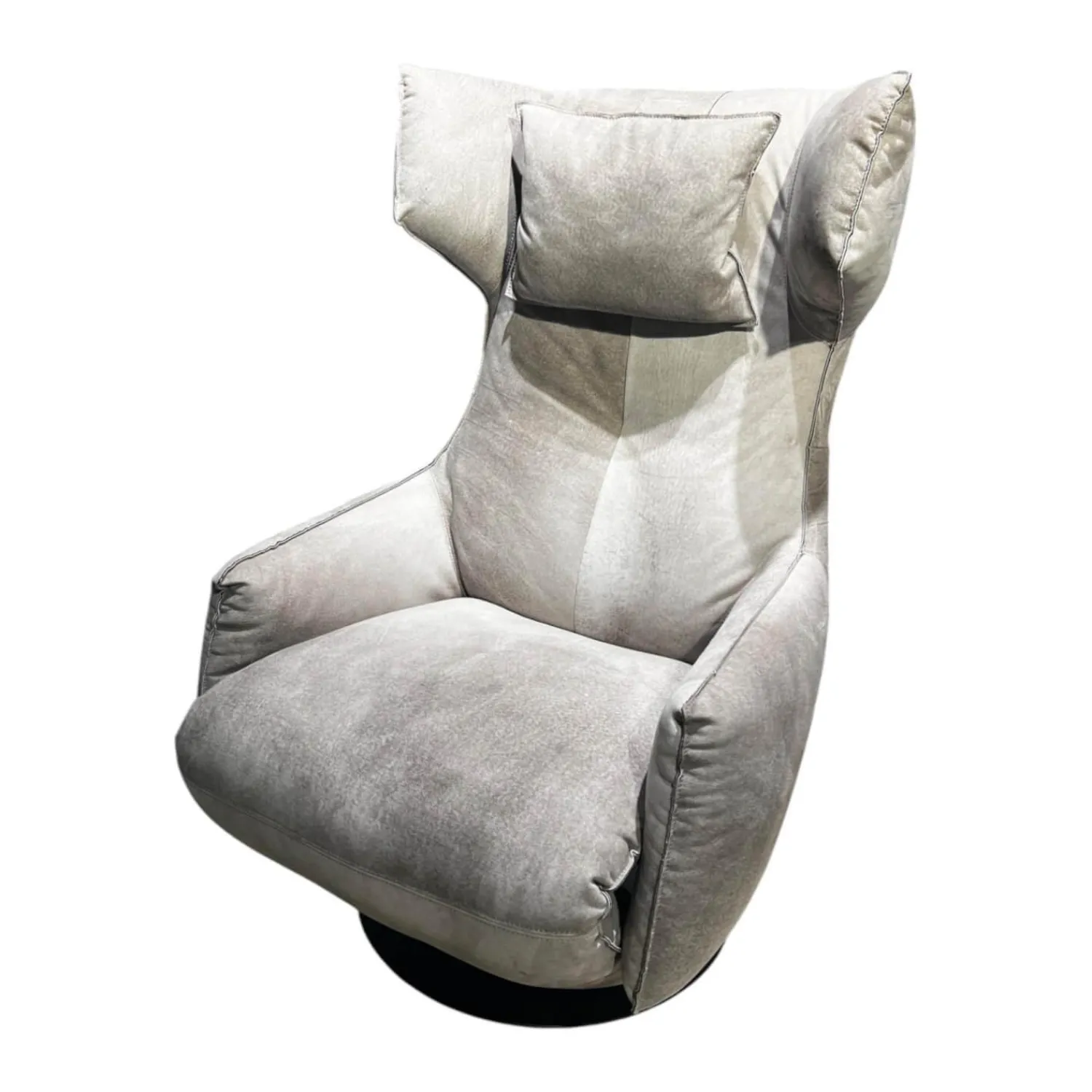 Bullfrog Relaxsessel|Sessel Charles Leder Crazy Nubuk Beige Grau 2510 41 Platte Rund Schwarz Matt Pulverbeschichtet Inklusive Nackenkissen