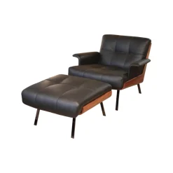 Minotti Loungesessel|Sessel Daiki Daip88ps Leder Aspen 01 Carbone Pelle Nature Schwarz Schale Palisander Mit Hocker