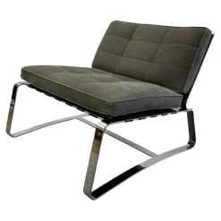 Minotti Loungesessel|Sessel Delaunay Quilt Nubukleder 11 Carbone Grau Kernledergurte Schwarz Gestell Glänzend Chrom