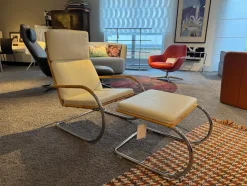 Tecta Loungesessel|Sessel D35-II Leder II Bianco Weiß Creme Naturrohr Geflecht Braun Gestell Stahl Chrom Mit Hocker