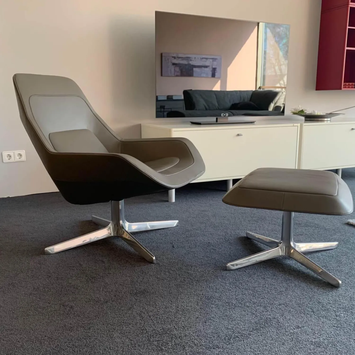 De Sede Relaxsessel|Sessel DS-144 Leder Select 2418 Schiefer Ziernaht Schwarz mit Hocker