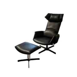 De Sede Loungesessel|Sessel DS-0343/DS-0344 Leder Black 4-Sternfuß aus Aluminium Pulverbeschichtet mit Hocker