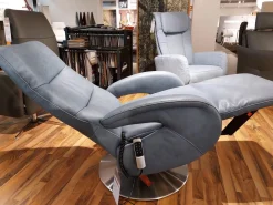 Steinpol Relaxsessel|Sessel EM Plauen Leder Punch Greyblue Grau Blau Drehteller Edelstahl Mit Motorischer Verstellung