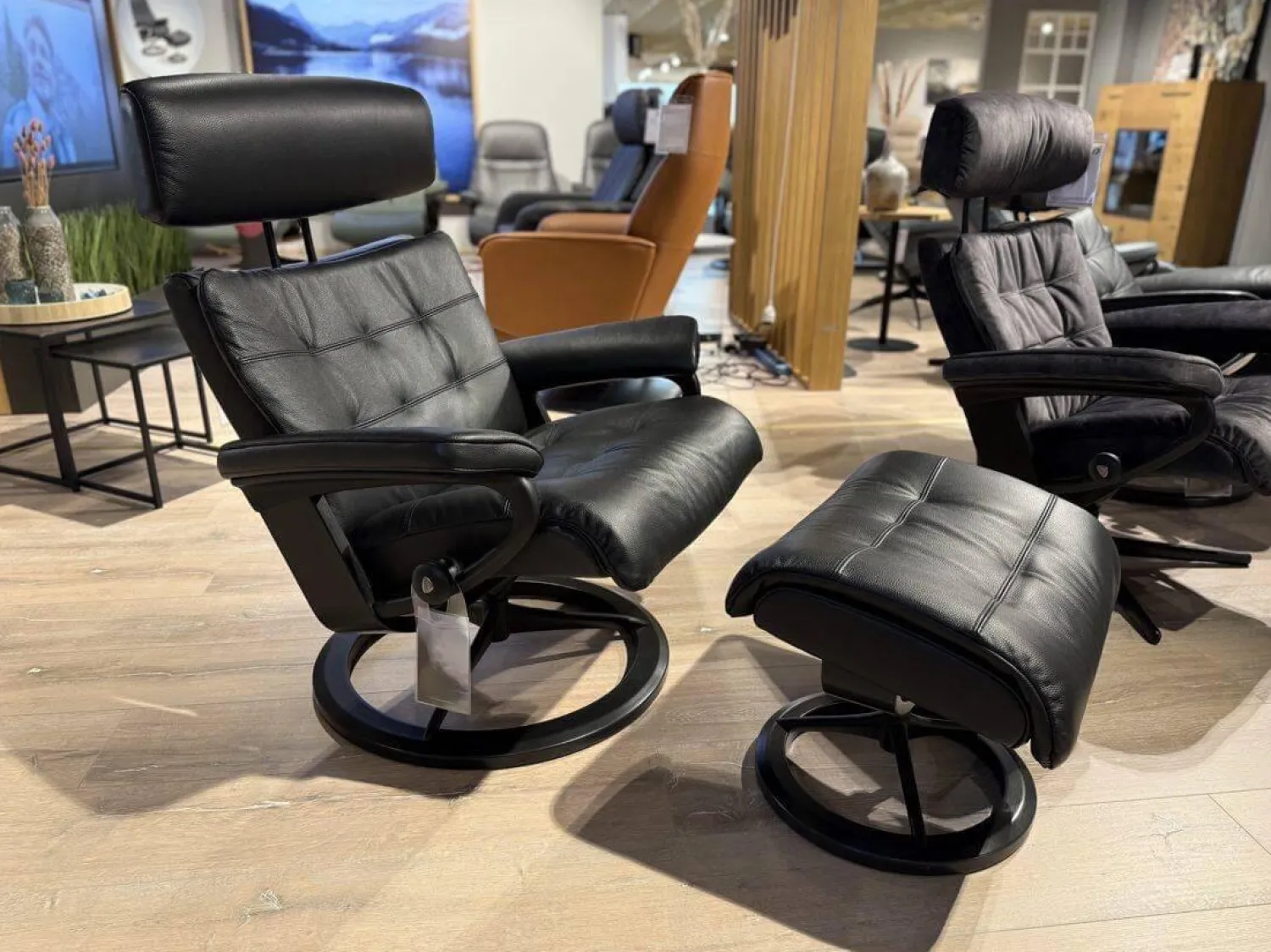 Stressless Relaxsessel|Sessel Erik L Leder Cori Black Schwarz Gestell Signature Metall Schwarz Matt Inklusive Hocker