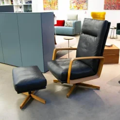 Signet Loungesessel|Sessel Gin Leder Alamo Lava Anthrazit Gestell Eiche Geölt Inklusive Hocker