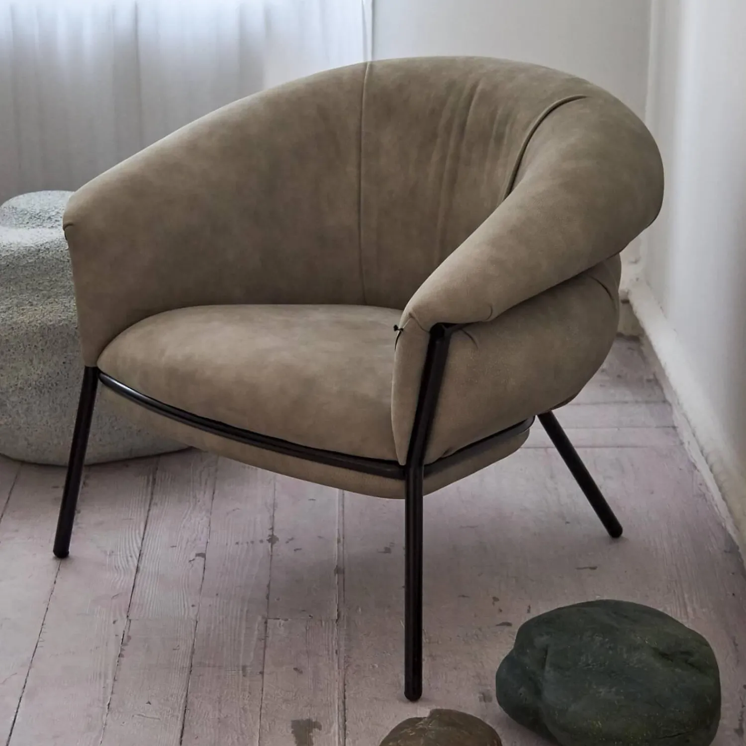 BD Barcelona Loungesessel|Sessel Grasso Textil Leder V19 T Moro Rustico Grau Beige Gestell Black 0911 Schwarz Metall