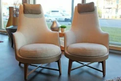 Flexform Loungesessel|Sessel Guscioalto Außen Leder Pelle 616 Braun Innen Stoff Empire 896 Beige Gestell Nussbaum Canaletto