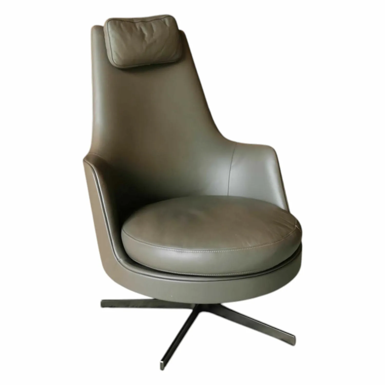 Flexform Relaxsessel|Sessel Guscioalto Leder de Luxe Grau Drehgestell Brüniert inkl. Nackenkissen