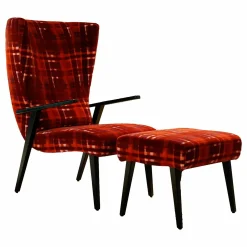 Werther Relaxsessel|Sessel Hanson 460 Rubelli Macallan 30260-004 Cat. V Rot Kariert Gestell Buche Schwarz mit Hocker