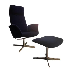 De Sede Relaxsessel|Sessel Lomo Stoff Samt Dunkelblau Gestell Verchromt Inklusive Hocker