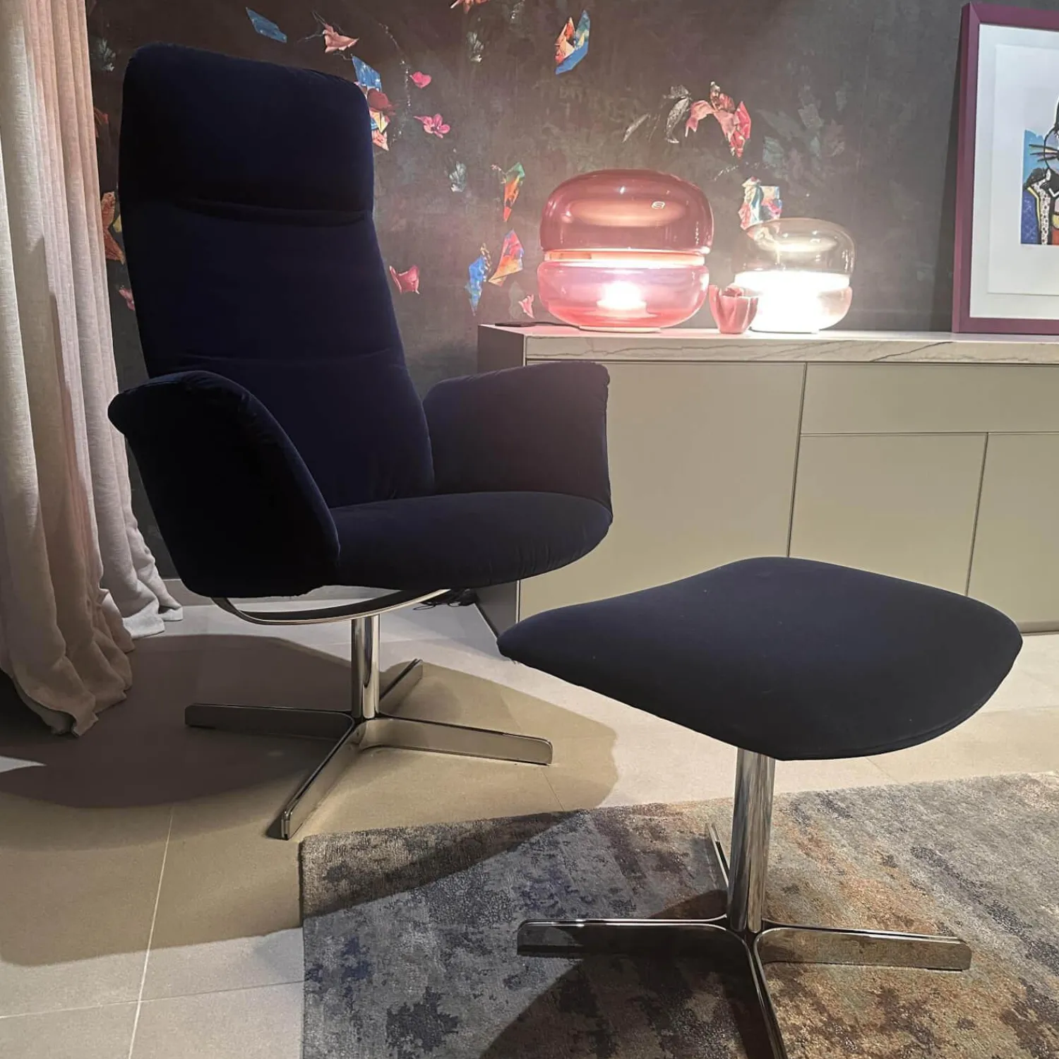 De Sede Relaxsessel|Sessel Lomo Stoff Samt Dunkelblau Gestell Verchromt Inklusive Hocker